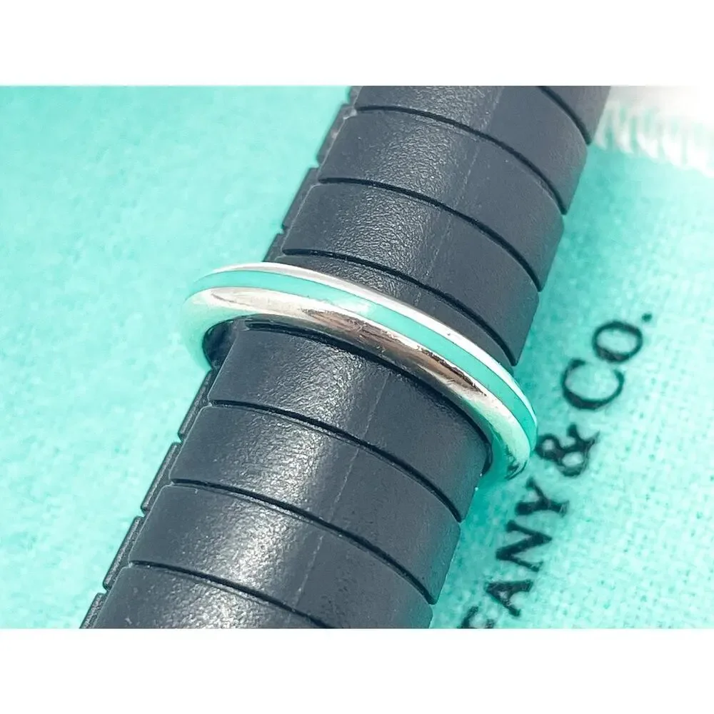 Tiffany & Co. Silver Blue Enamel Narrow Stripe Band Ring Size 5.75